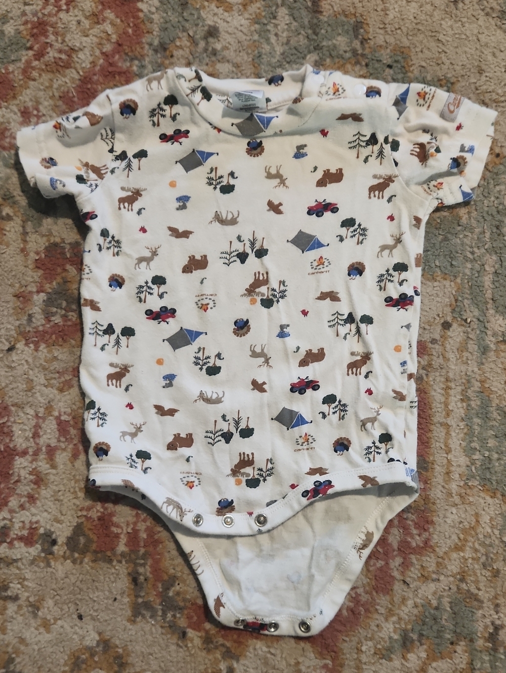 Carhartt White Baby One-Piece Bodysuit with Multicolor Camping Print